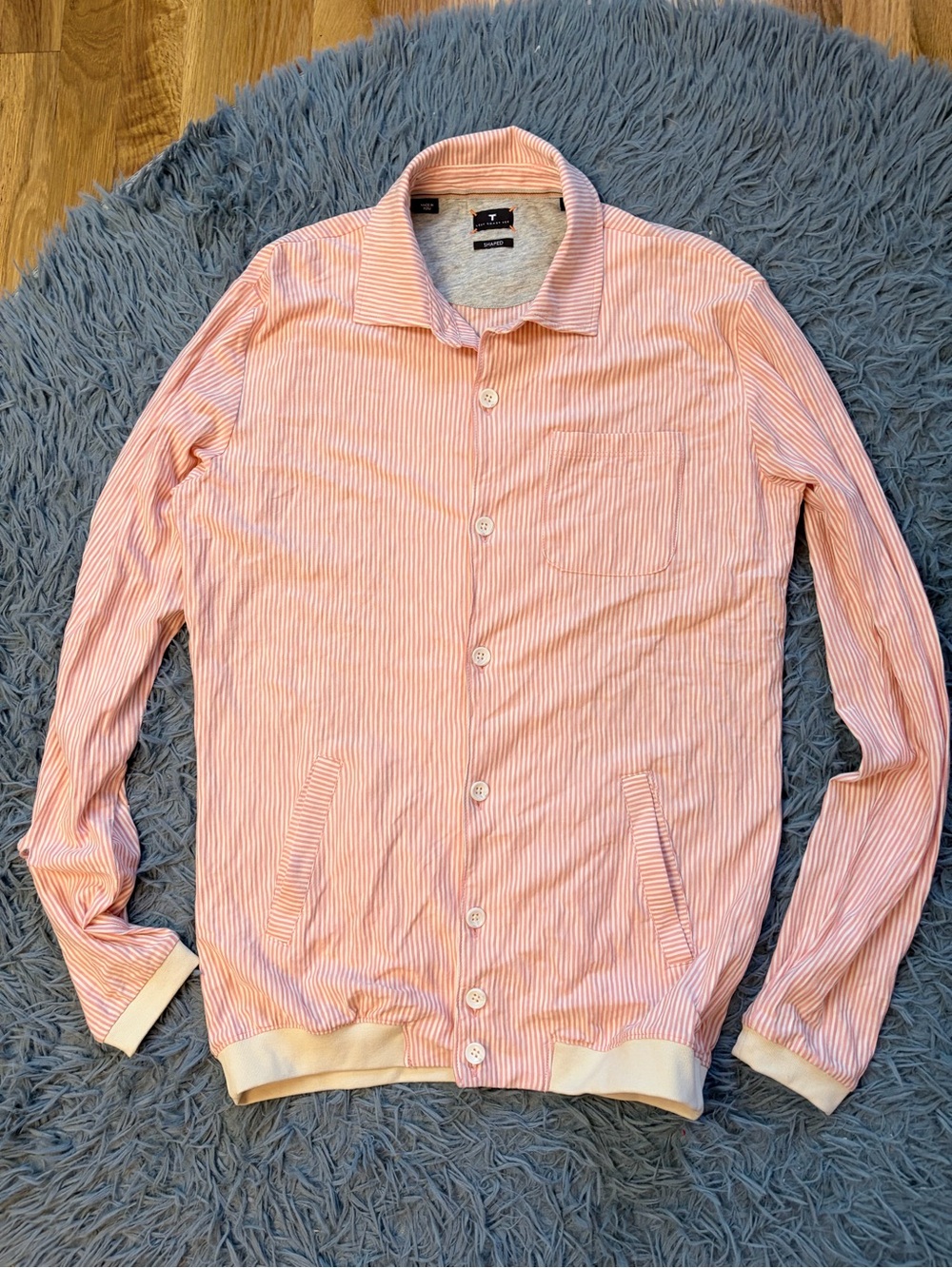 Left Coast Tee Men's Pink Stripe Button Up Shirt Bomber Jacket Size M